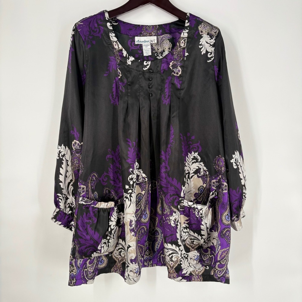 Denim 24/7 Womens Paisley Satin Tunic Top Size 26W Purple‎ Black Pleated Pockets